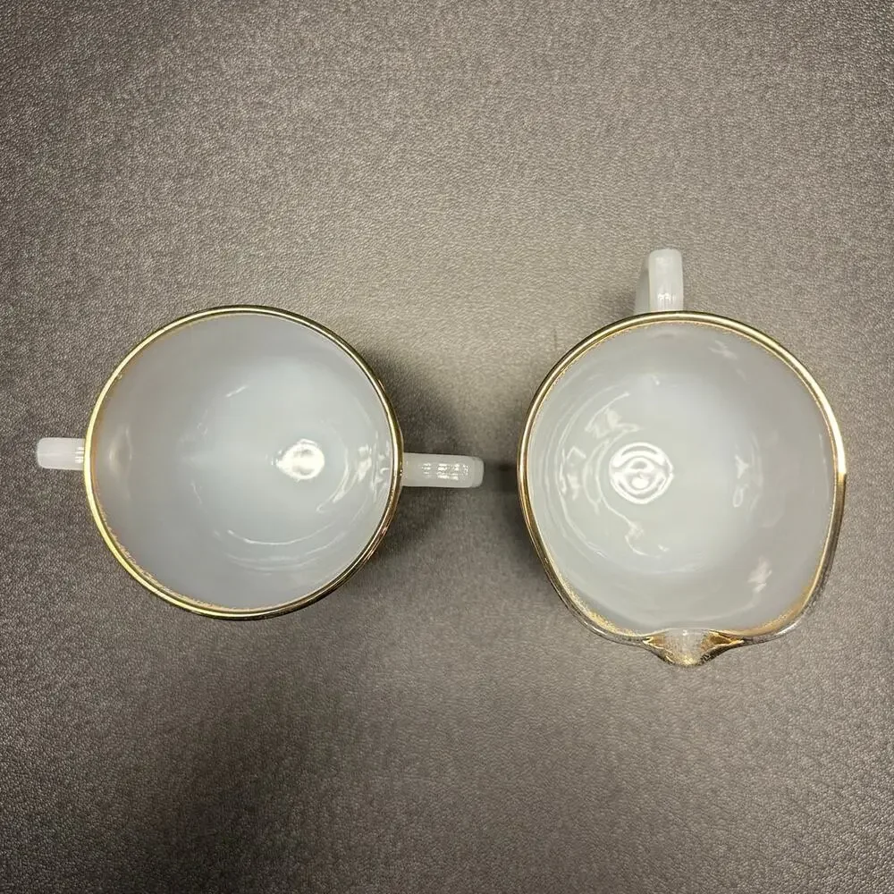 Fire King Swirl Milk Glass Sugar & Creamer Set Gold Trim Vintage Oven Ware